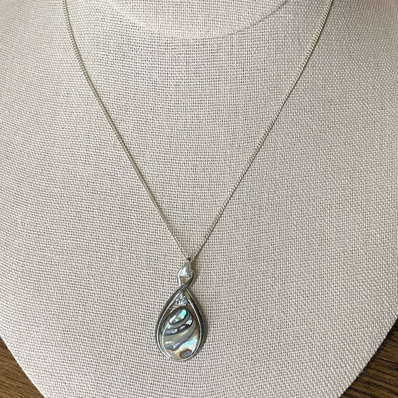 18" Sterling Silver Round Blue Topaz & Abalone Shell Necklace Vintage - Picture 1 of 6